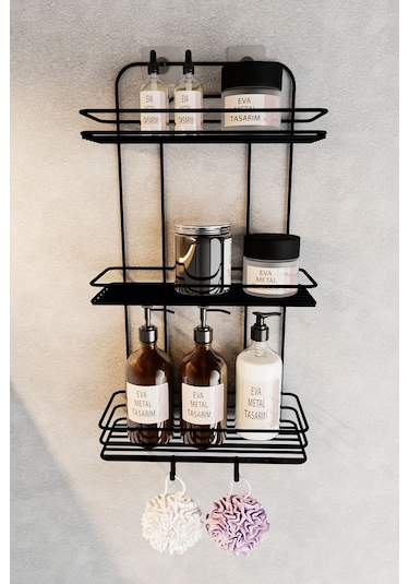 Eva Metal Tasarım Paslanmaz Yapışkanlı Düz Banyo Düzenleyici Şampuanlık Duş Rafı Siyah