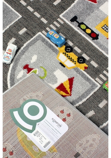 Konfor Halı 3 Boyutlu Gri Trafik Arabalı Ana Okulu Kreş Halısı Dokuma Çocuk Oyun Halısı