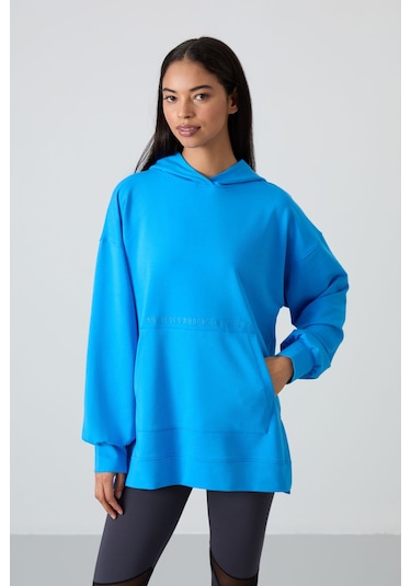 Tommy Life Mavi Balon Kol Yazı Nakışlı Kadın Oversize Tunik Sweatshirt - 97163 Mavi