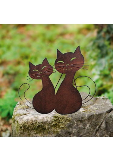 Wezone Rustik Bahçe Dekoru - Çift Kedi Figürlü Dayanıklı Metal Heykel 35cm