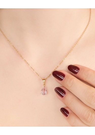Lekka Design Kadın Kararmaz Çelik Takı Pembe Damla Zirkon Taşlı Şık Kolye Altın
