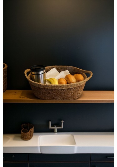 1 Adet Hasır Örgülü Bej Şeritli Organizer & Ekmeklik Hasır