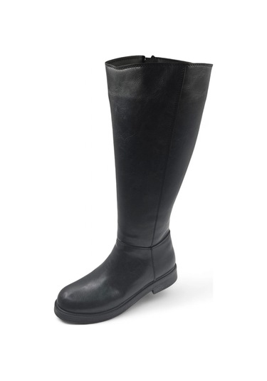 Glace Siyah Düz Taban Ve Fermuarlı Rahat Kadın Çizme Siyah