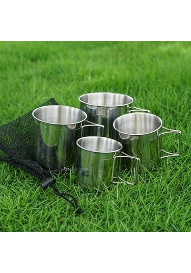 Pazly Cbtx 4'lü Açık Bardak Seti, 304 Paslanmaz Çelik, Katlanır Kase, Taşınabilir Küçük Boy Gümüş