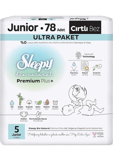 Sleepy Bio Natural Bebek Bezi Ultra Paket 5 Beden 78 Adet 5 Numara