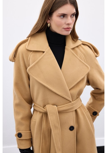 Sateen Geniş Yaka Uzun Kaban - Camel-136666 Camel