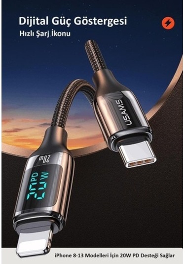 Novahub Usams Us-sj545 1.2m Pd 20w Type-c To Lightning Kablo, 100w Pd Hızlı Şarj, Led Göstergeli, Çinko Alaşımı, Ce Ve Uysal Sertifikalı