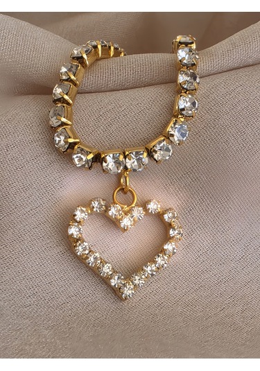 Tek Sıralı Kalp Figürlü Kristal Taşlı Choker Tasma Silver Gold Kolye Altın