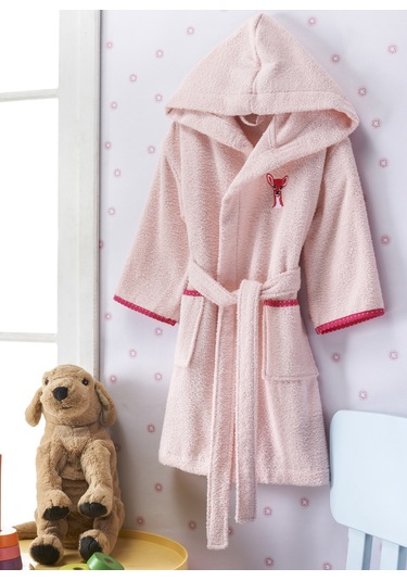 Ceylan Nakışlı Kapüşonlu Çocuk Bornoz Pudra