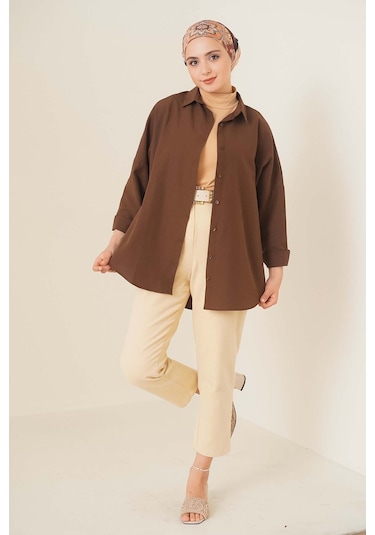 Bigdart 103901 Oversize Basic Tesettür Gömlek - Kahverengi 001