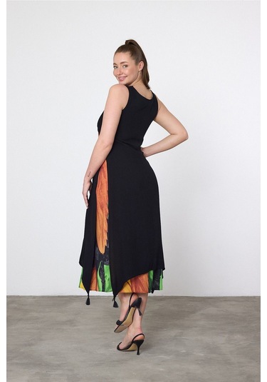 Schık Kadın Yazlık Bol Kolsuz Rahat Baskılı Elbise Turuncu