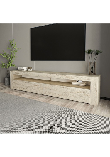 Batı LED Işıklı 2 Kapaklı TV Sehpası – 150 cm – Minimal Tasarım, Traverten