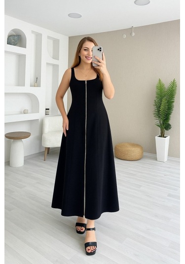 Kadın Askılı Kare Yaka Önden Fermuarlı Geniş Kesim Janjan Krep Elbise Siyah