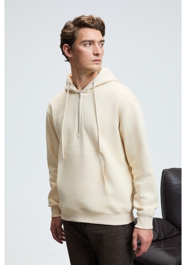 JUSTUS Erkek Kapüşonlu Kanguru Cepli Fermuar Yakalı Krem Sweatshirt