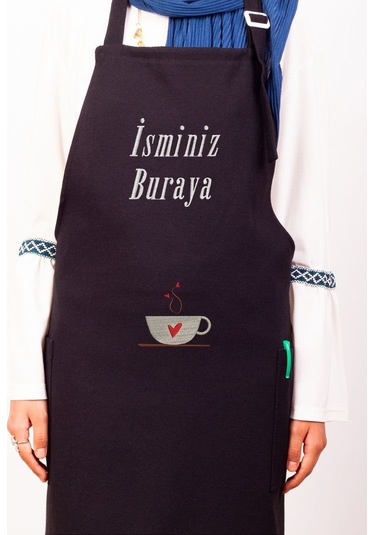 Mutfak Önlüğü Kişiye Ve İsme Özel Nakışlı Mutfak Önlüğü Kalpli Kupa Farklı Renkler Siyah
