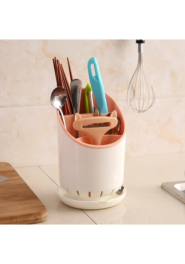 Sones Yaratıcı Çok İşlevli Çift Drenaj Rafı Mutfak Çubukları Saklama Kovası Sofra Takımı Saklama Kutusu, Renk: Pembe