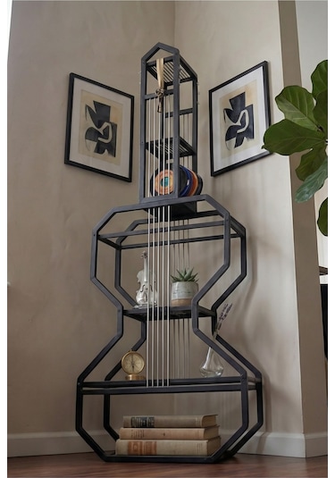 Gitar Ünite Metal Raflı Kitaplık Siyah Metal Tel