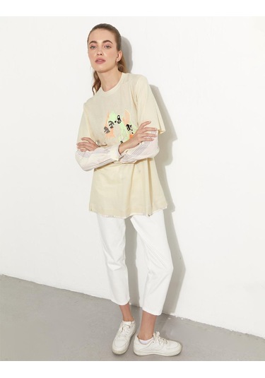 Baskılı Katmanlı Sweat-krem Krem