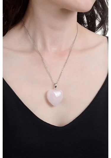 Erilsa Sertifikalı Kalp Model Gerçek Pembe Kuvars Taşı Kolye Çok Renkli