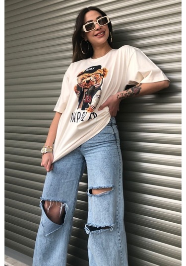 Modagen Kadın Happier Oversize Baskılı Bej T-shirt Hp Bej