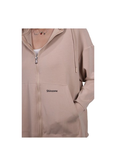 Kadın Modal Kumaş Yumuşak Dokulu Fermuarlı Rahat Kalıp Bej Kapüşonlu Ceket Hırka Bej
