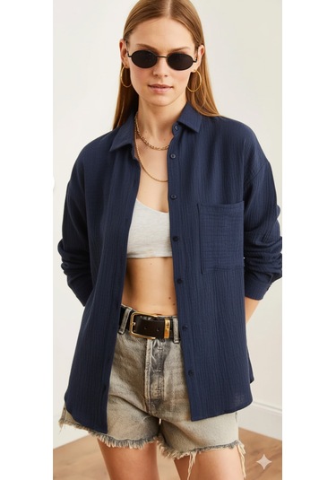 Kadın Oversize Basic Cepli Müslin Gömlek Lacivert