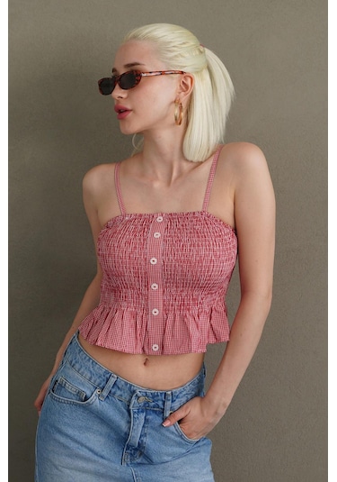 Madmext Kırmızı Ayarlanabilir Askı Pötikareli Crop Mg2371 Kırmızı