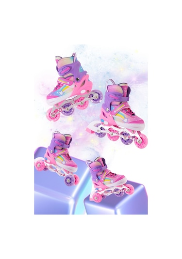 Yıldız Gökkuşağı Işıklı Kız Çocuk Pateni Silikon Teker Ayarlanabilir Paten Taşıma Çantalı Pembe Lila Pembe