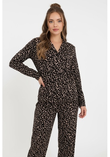 Luxury Soft Siyah Leopar Desenli Uzun Kollu Kadın Pijama Takımı 3058 Leopar2