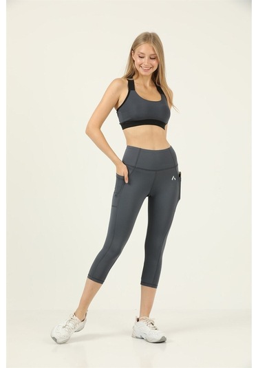 Kadın Antrasit Yüksek Bel Toparlayıcı Çift Cepli Diz Altı Kapri Tayt Capri Slim Fit 1054 Antrasit