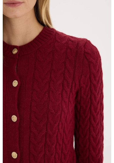 DeFacto Regular Fit Bisiklet Yaka Selanik Örgü Desenli Basic Düz Triko Hırka C9044AX25SPBR285 Bordo