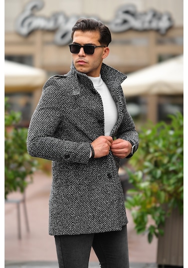 Erkek Dar Kesim Dik Yaka Uzun Açık Desenli Kaşe Kaban Gri - Siyah