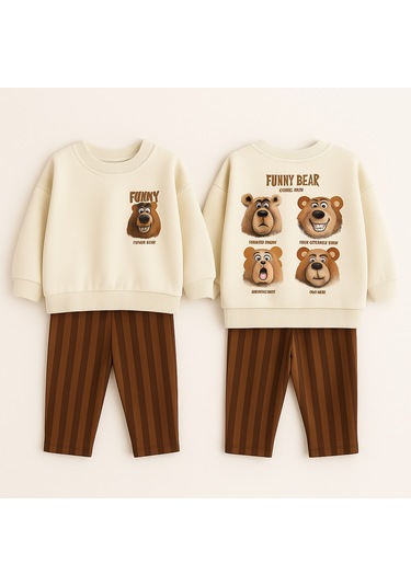Erkek Çocuk Kahve Renk Funny Bear Baskılı Sırt Detaylı Sweatshirt Çizgili Jogger Eşofman Alt Üst Takım Krem Erkek Çocuk Kahve Renk Funny Bear Baskılı Sırt Detaylı Sweatshirt Çizgili Jogger Eşofman Alt Üst Takım Krem