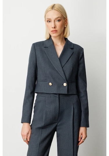 Ekol Simli Kumaş Kadın Crop Ceket 26k.ekl.ckt.05169.1 Lacivert