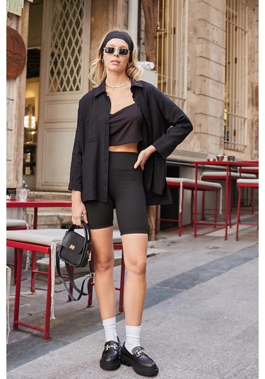 Kadın Likrasız Keten Kumaş Yakalı Cepli Düşük Omuzlu Salaş Oversize Tunik Gömlek-siyah Siyah