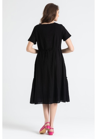 Kısa Kol Şile Bezi Lalezar Nakışlı Midi Boy Elbise Siyah Syh-siyah Siyah