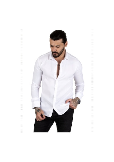 Deepsea Erkek Beyaz Likralı Slim Fit Spor Gömlek Esnek Kumaş Gömlek 2001810 Beyaz