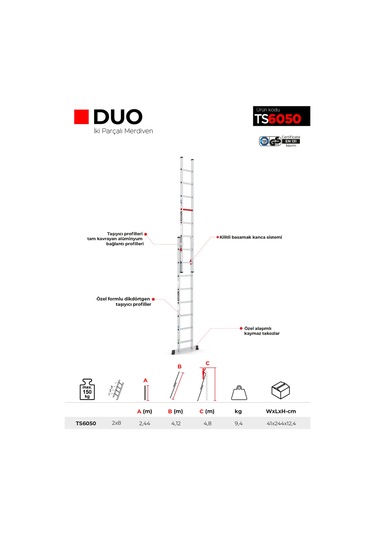 Çağsan TS6050 2x8 Basamaklı Duo İki Parçalı Alüminyum Merdiven