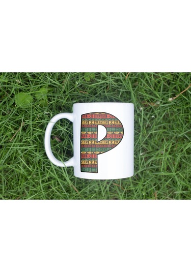 P Harfi Etnik Desenli Kupa - Afrika Tarzı Kahve Çay Kupası - Hediyelik - Black History Beyaz