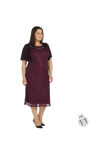 Nidya Moda Büyük Beden Sandy Kombin Dantel Elbise-4026Dym Mürdüm