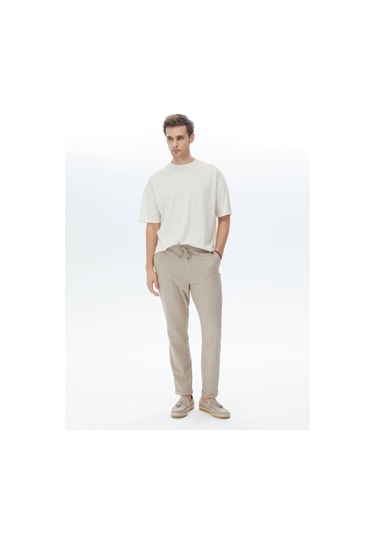 Bej Jakarlı Bisiklet Yaka Keten Karışımlı T-shirt Bej