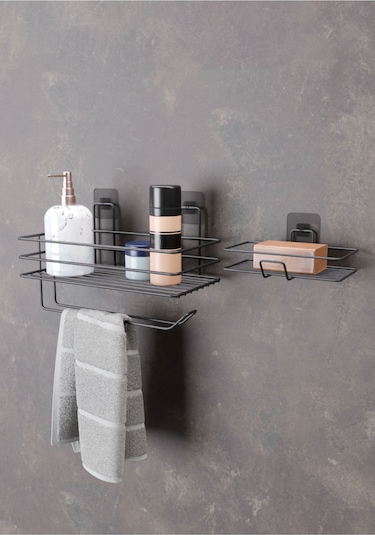 Güçlü Yapışkanlı Banyo Rafı Kağıt Havlu Tutacağı Ve Metal Sabunluk Set Düzenleyici Siyah