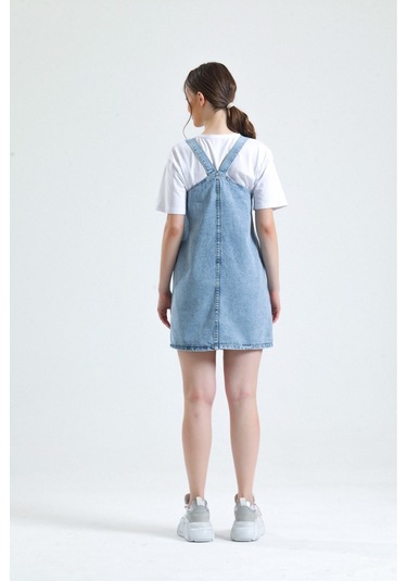 Shevega Kadın Mavi Kanguru Cep Bahçevan Kot Elbise Mavi