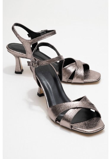 Melin Platin Desenli Çapraz Bantlı Kadın Topuklu Ayakkabı Platin