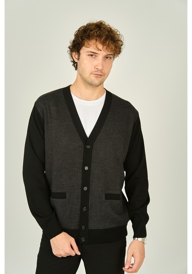 Ateş Triko Erkek Cep Detaylı V Yaka Yün Hırka 4490 Siyah Siyah