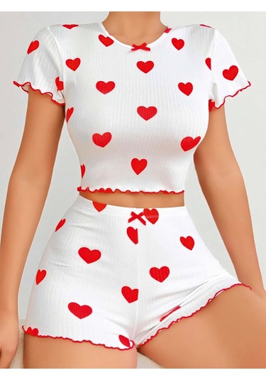 Kadın Beyaz Kırmızı Kalp Desenli Şortlu Gecelik Takım 5023 Beyaz