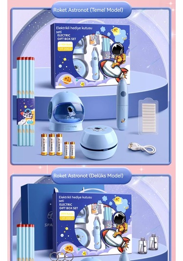 Ikkb Yeni Çocuk Öğrenme Malzemeleri Elektrikli Kırtasiye Seti Hediye Kutusu Çift Güç Modeli-12 Parça Set Roket Astronot Lüks Hediye Kutusu Mavi