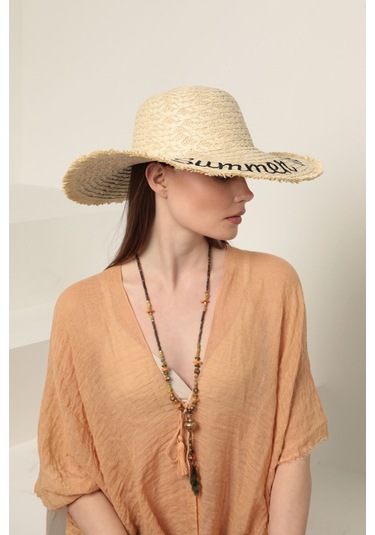 Bej Summer Vibes Yazılı Hasır Şapka Bej