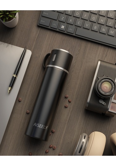 Ranyeek Aiseely 316 Paslanmaz Çelik İki Katlı Vakum Termos Bardak - 12 Saat Isı/sıcaklık Saklama, 580ml, Siyah Siyah