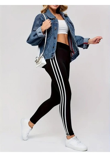 Kadın Yanları Üç Şerit Çizgi Detaylı Yüksek Bel Toparlayıcı Dalgıç Spor Tayt